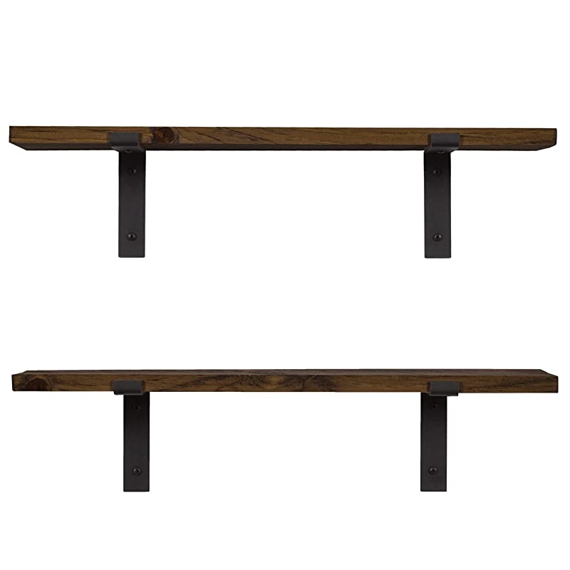 Decor Rustic Wood Floating Shelves Wall Mounted Storage Shelf with L Brackets USA Handmade | Set of 2 24 x 55in Dark Walnut