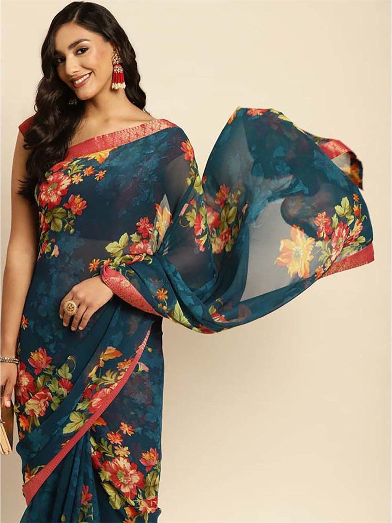 Rangita Teal Blue Floral Print Saree With Unstitched Blouse