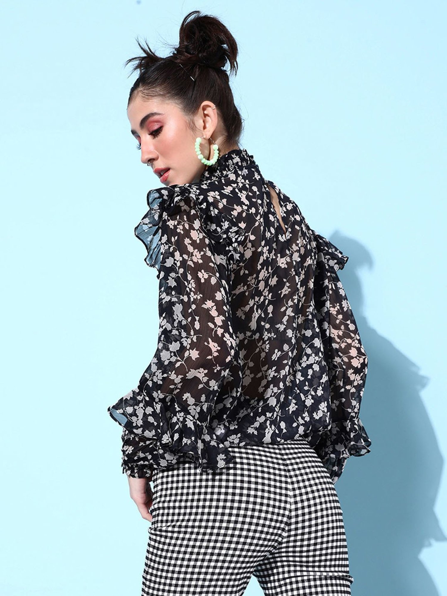 QUIERO Navy Floral Print Top