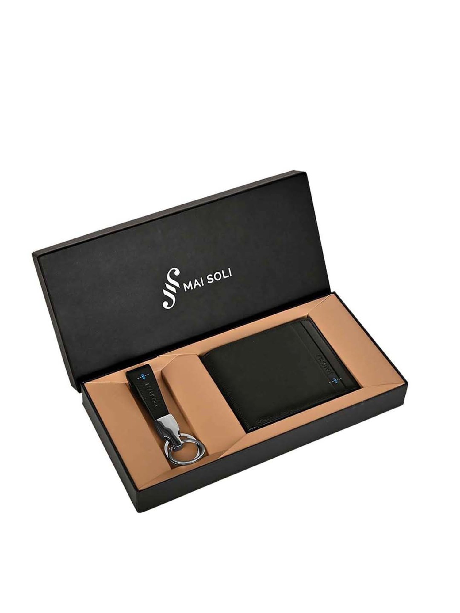 Mai Soli Black & Blue Leather Bi-Fold Wallet & Key Ring Gift Set