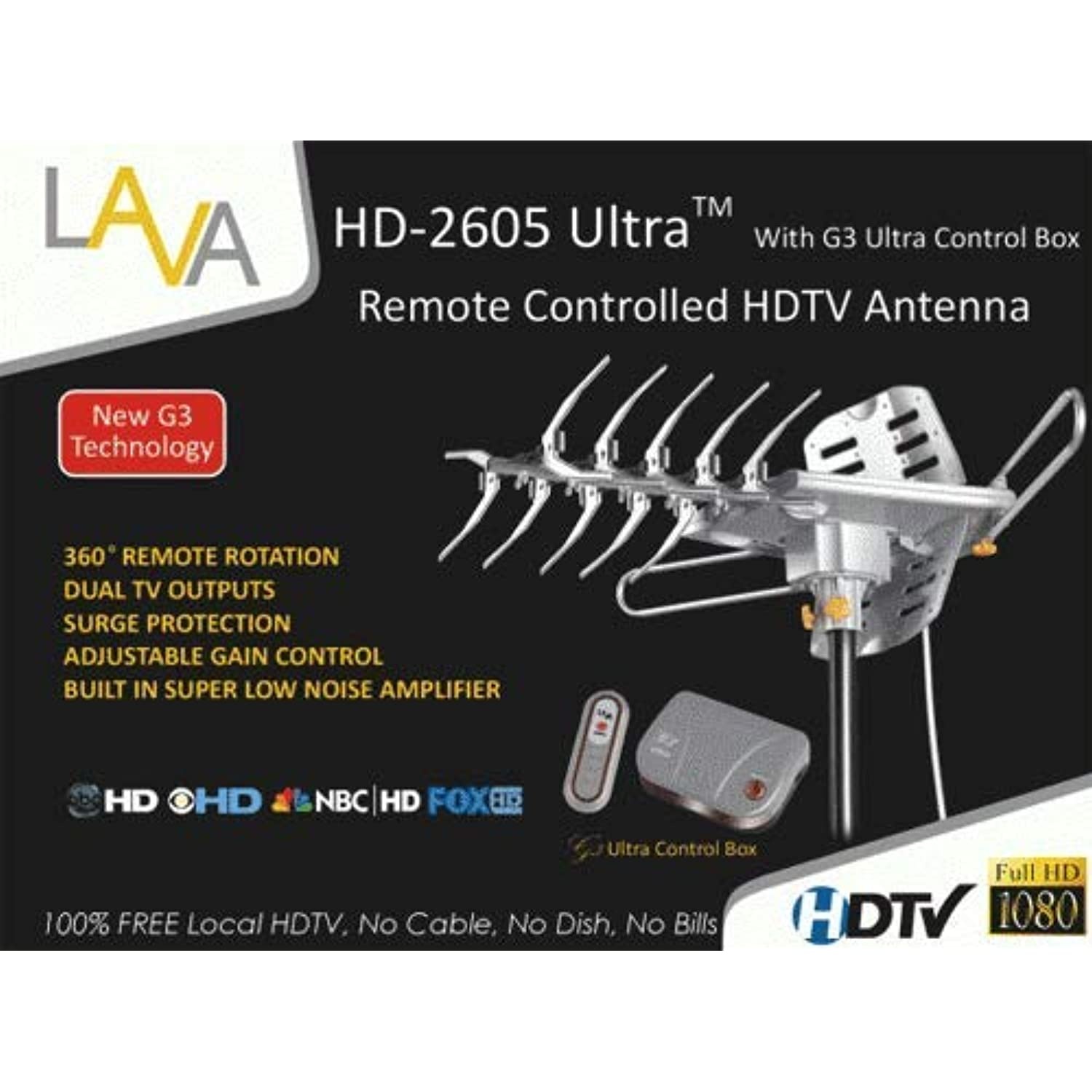 Lava Hd-2605 Outdoor HDTv Antenna Long Range 4K 1080P 360 Degree Rotation High Gain UHF/VHF Channels with Built-In Low Noise with Remote Control