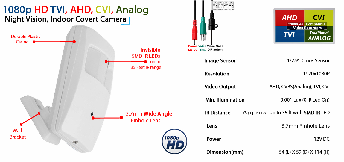 Evertech 2x 1080p Covert Hidden Camera with Night Vision and 8 Channel H264 Security DVR with 1TB Hard Drive  Cable Power Set