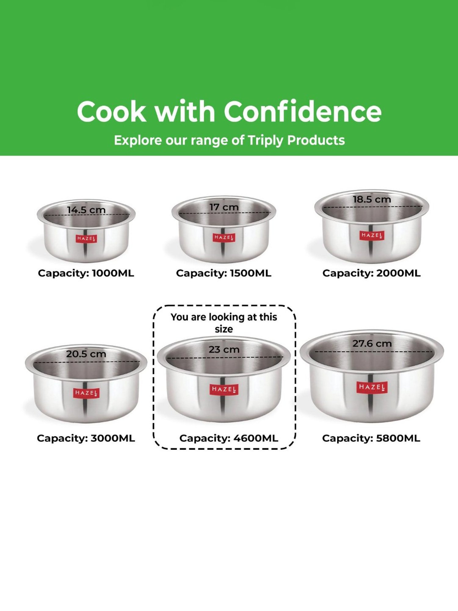 HAZEL Triply Stainless Steel Induction Bottom Tope, 4.6 Litre, 23 cm