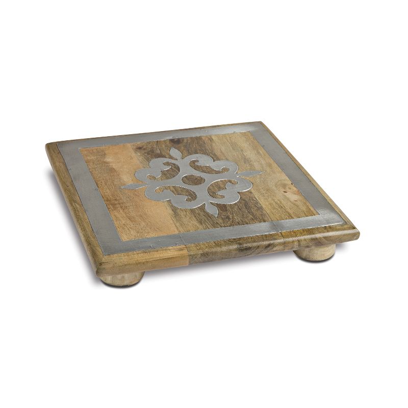 GG Collection 10-Inch Square Metal Inlaid-Detail Footed Wood Trivet