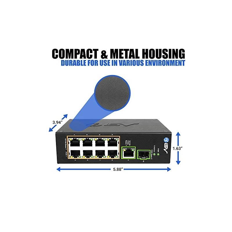 10 Port PoE+ Industrial DIN Rail Switch 8 PoE+ Ports | Gigabit Ethernet SFP Uplink 96W 8023at