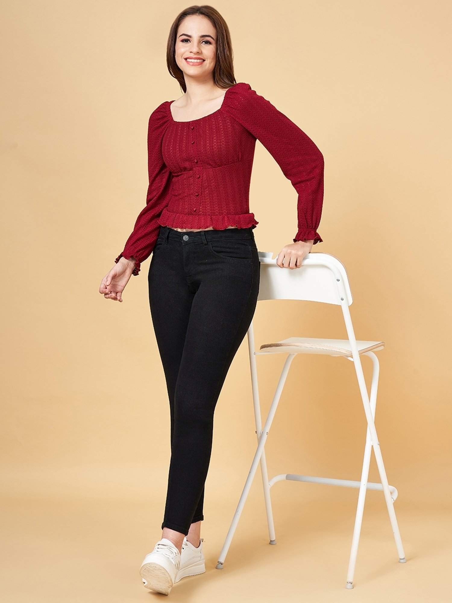 People by Pantaloons Maroon Self Pattern Top