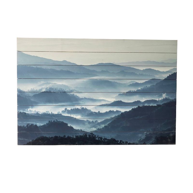 24" x 36" Misty Mountains Print on Planked Wood Wall Sign Panel Blue - Gallery 57