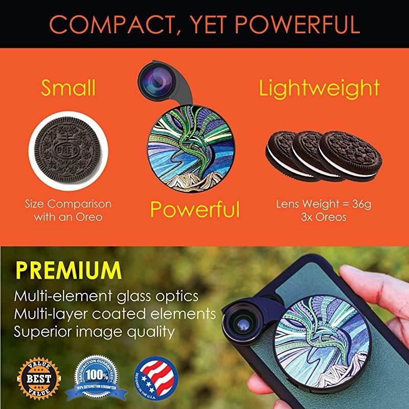 Designer Revolver M Series Camera Kit: 4 in 1 Lens with Case for iPhone 7/8 / SE 2020 &ndash; Fisheye Lens, Wide Angle Lens, Macro Lens, CPL (Aurora Borealis)