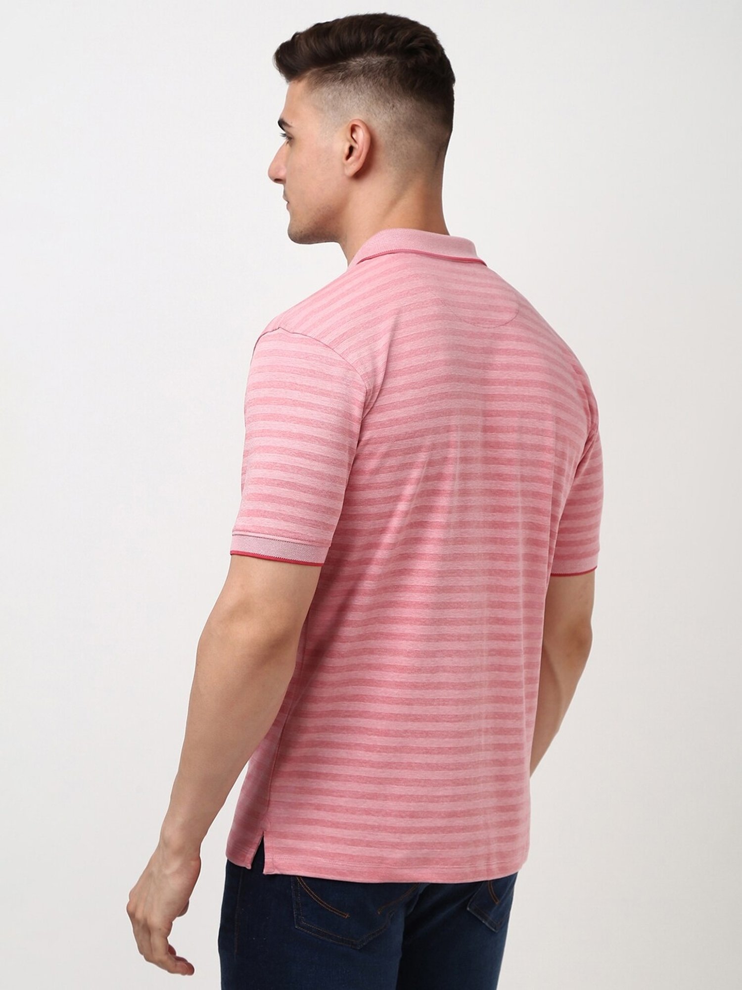 Peter England Pink Regular fit Stripes Casual Polo T-Shirt