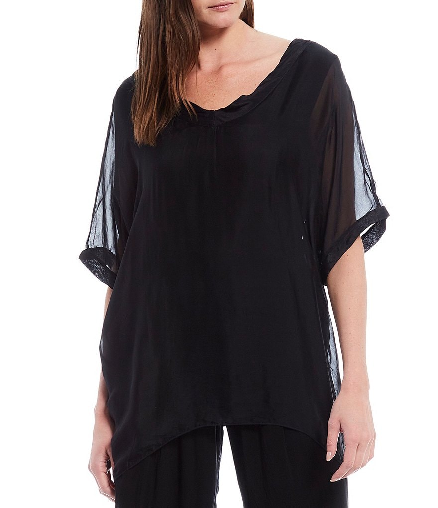 M Made in Italy V-Neck Sheer Sleeve Sharkbite Hem Silky Woven Top