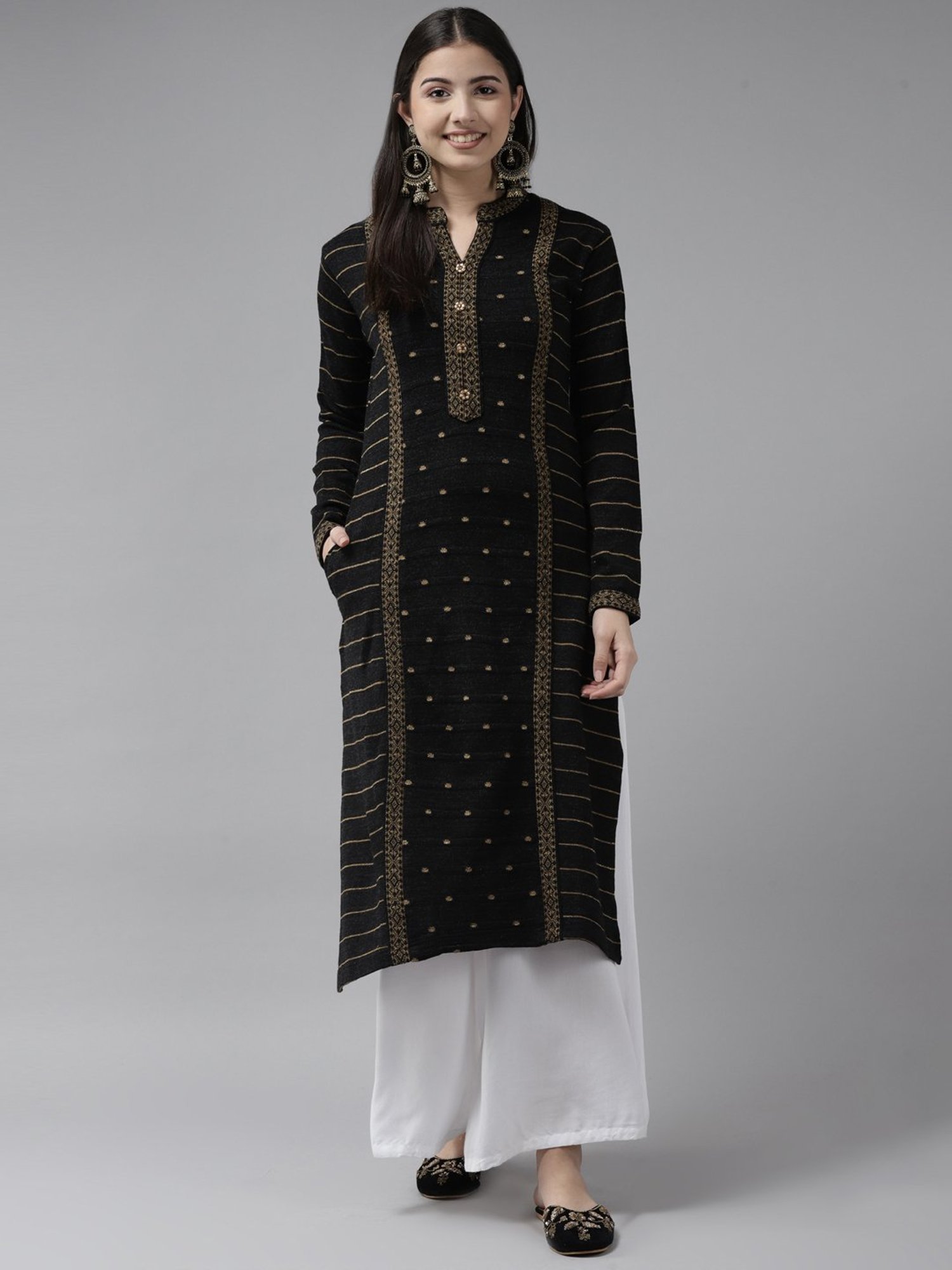 Cayman Black Wool Striped Straight Kurta