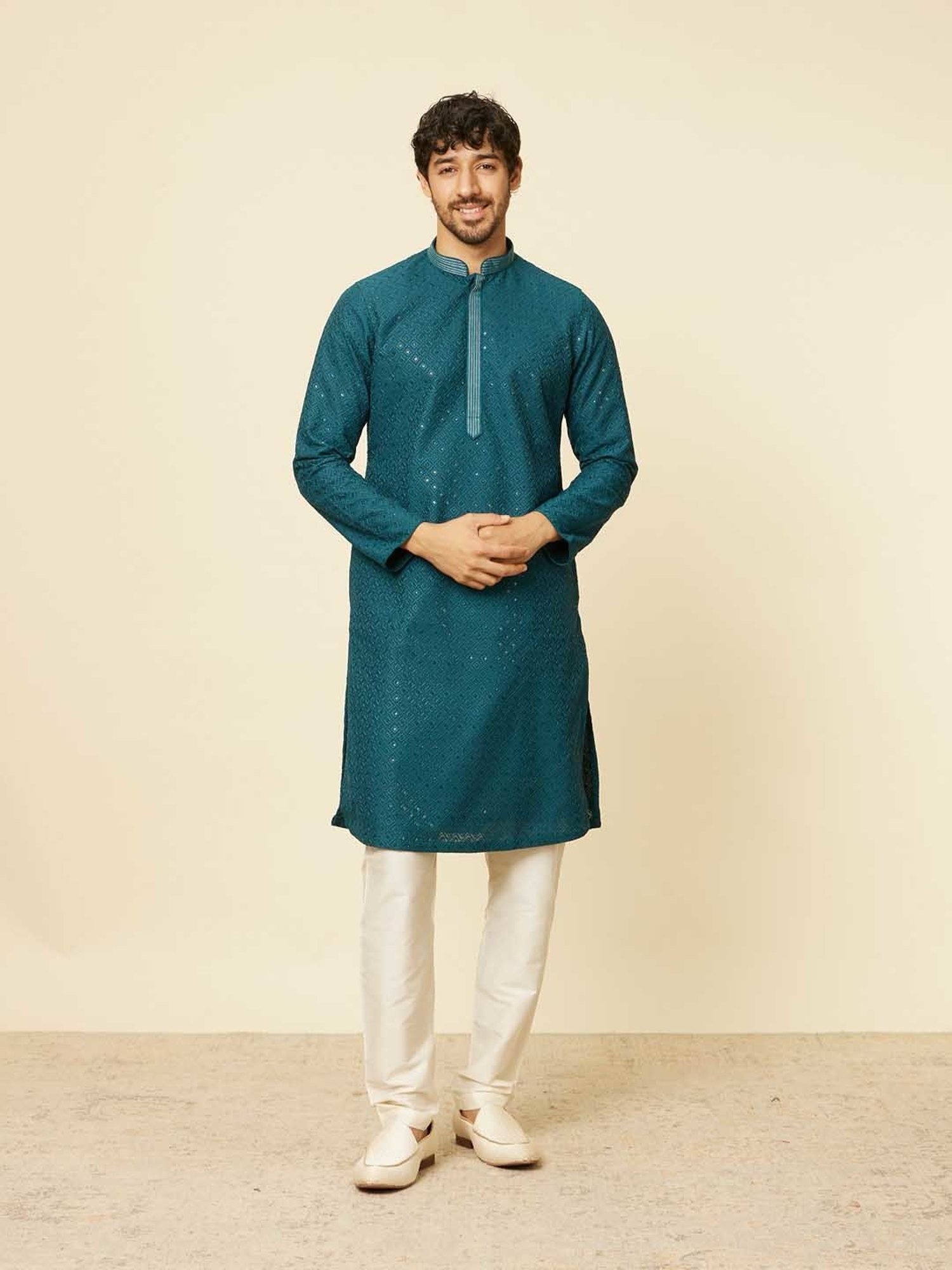 Sanwara Sea Green & White Cotton Regular Fit Chikankari Kurta Bottom Set