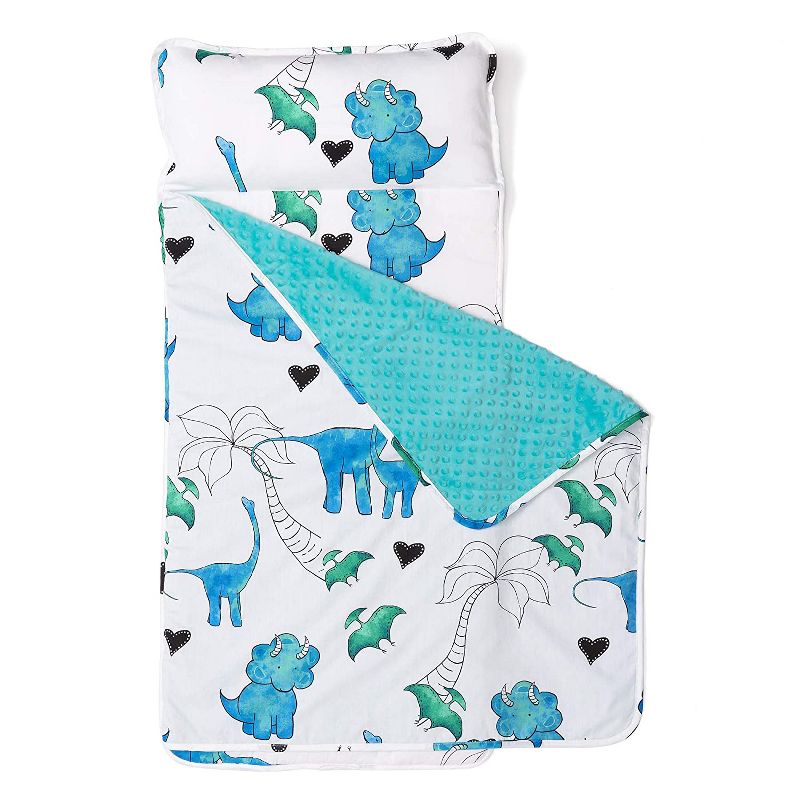 JumpOff Jo Toddler Nap Mat - Children's Sleeping Bag with Removable Pillow for Preschool, Daycare, and Sleepovers - 43 x 21 Inches - Tiny Dinosaurs
