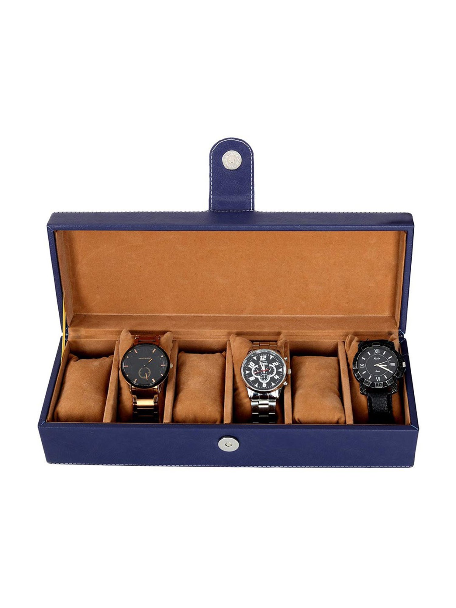 Leather World Blue Watch Box Holder Organizer Case in 6 Slots