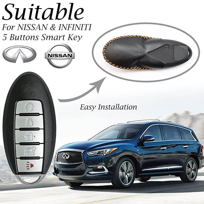 Leather Keyless Entry Remote Control Smart Key Case Cover with a Key Chain for Nissan Infiniti 5 Buttons Red