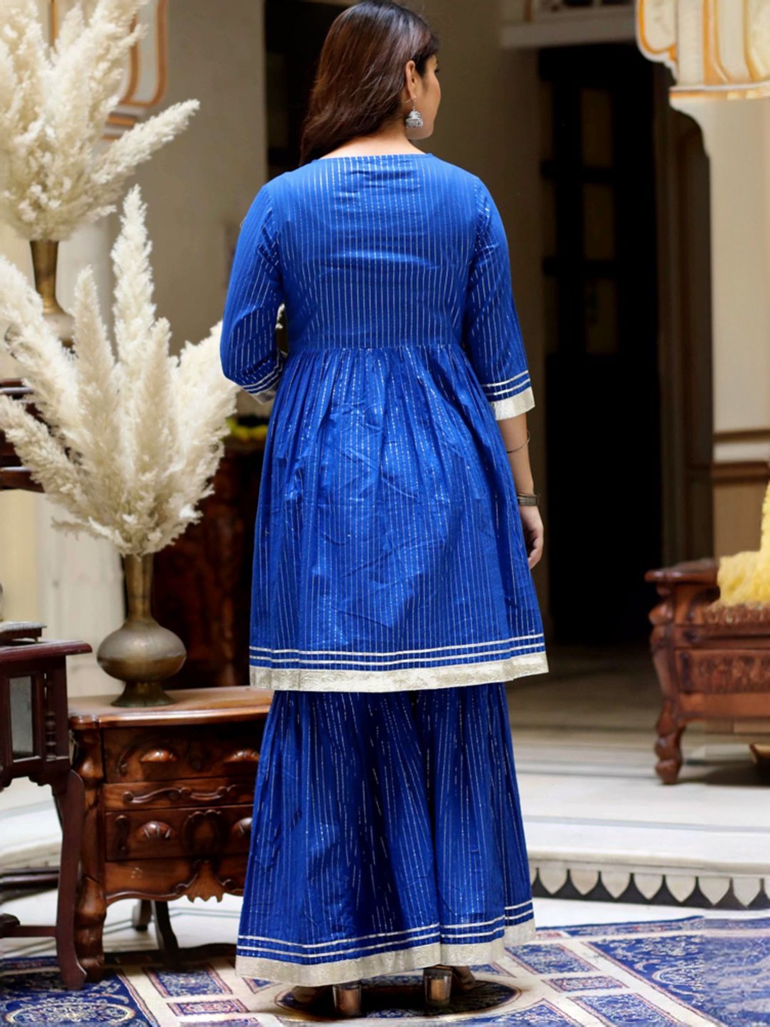 Miravan Blue Cotton Striped Kurti Sharara Set