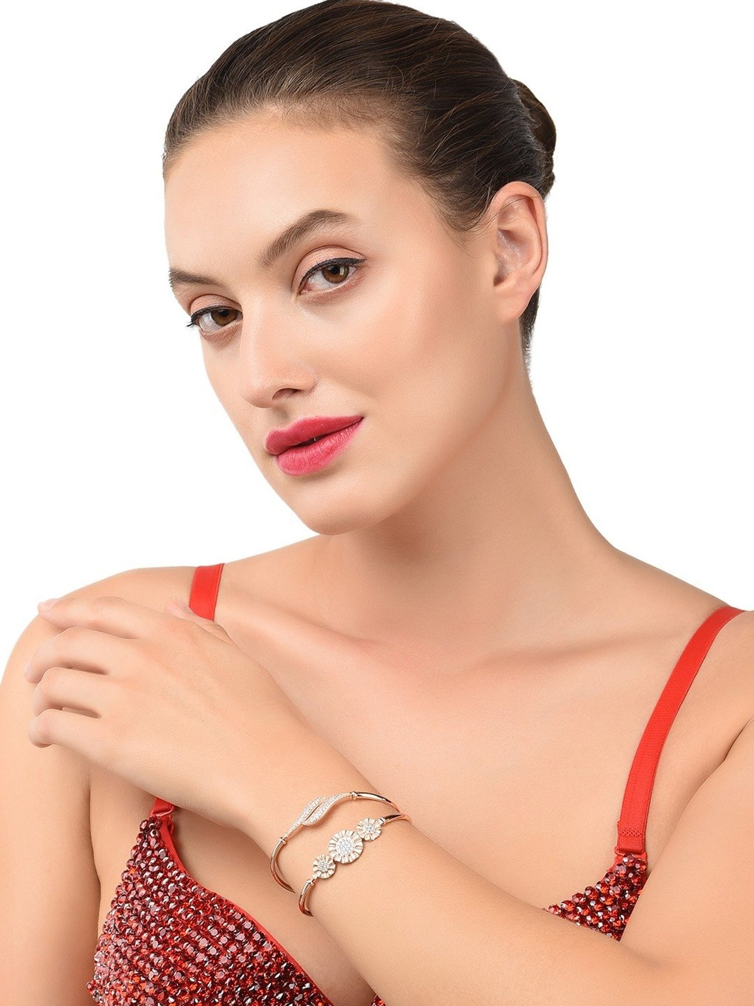 Zaveri Pearls Set of 2 Rose Gold Contemporary Cubic Zirconia Brass Kada Style Bracelet-ZPFK11112