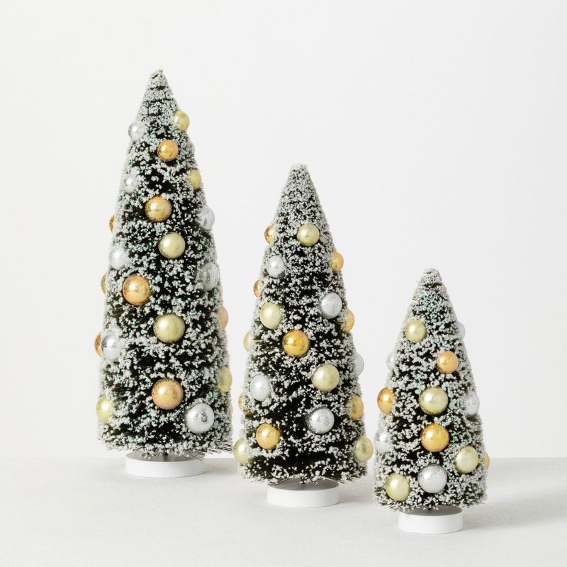 Sullivans Bottle Brush with Ornaments Artificial Tree Set of 3, 15"H, 12"H & 9"H Green