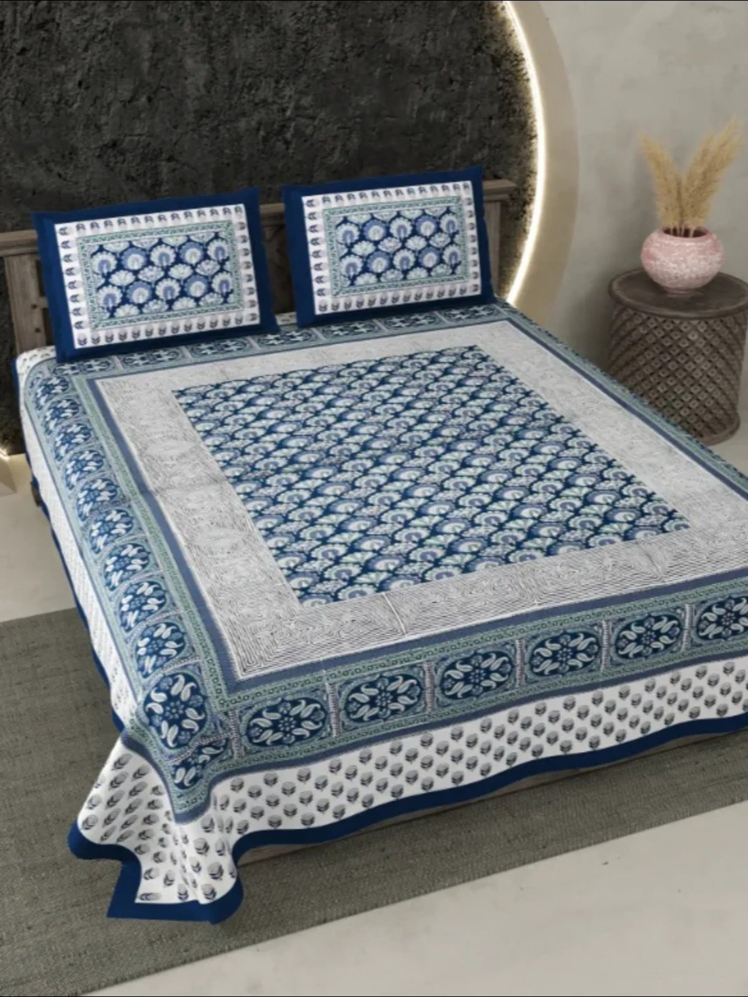 Living Roots Floral Blue 300 TC Cotton Bedsheet with 2 Pillow Covers