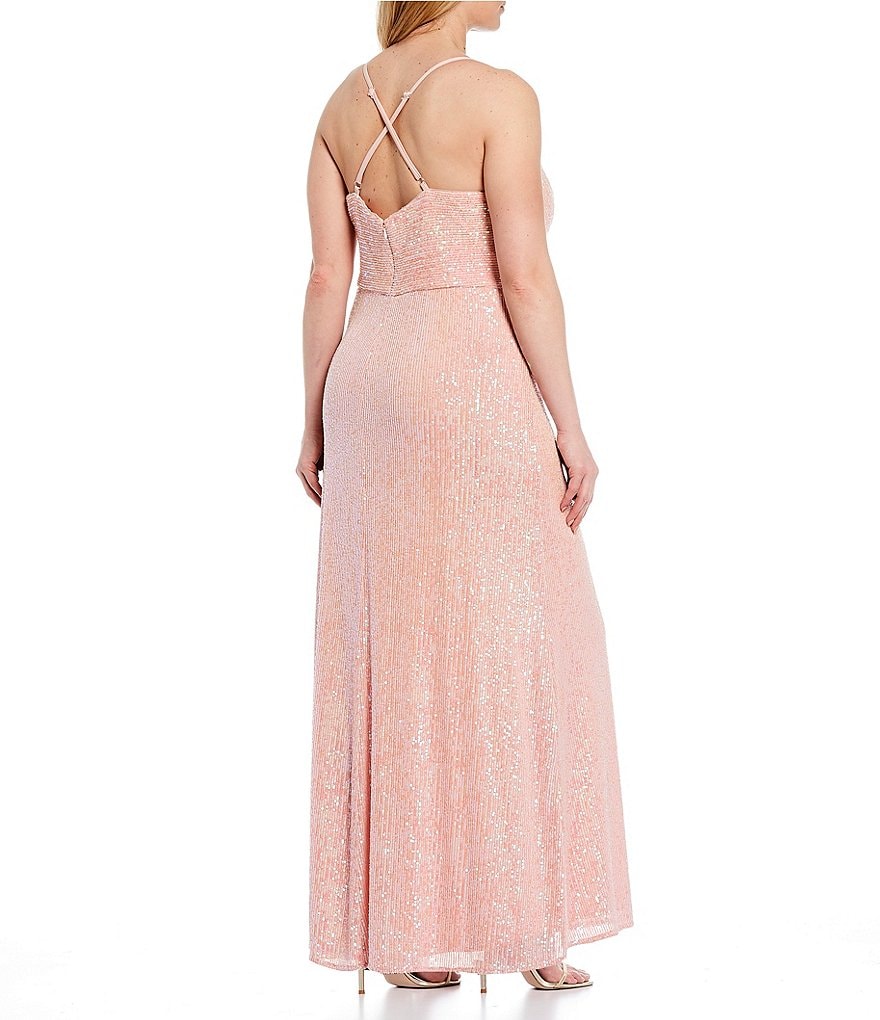 Morgan & Co. Plus Spaghetti Strap Plunging V-Neck Sequin Long Dress