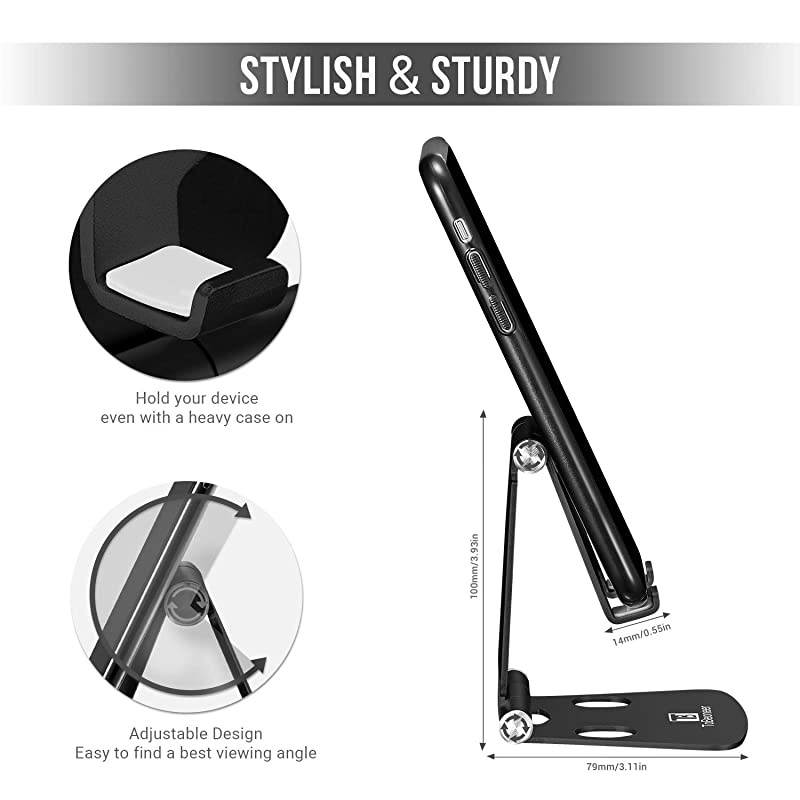 Adjustable Cell Phone Stand  Phone Holder for Desk Small Size Portable Desktop Dock Compatible with iPhone XR XS X 11 9 8 7 6 Plus Samsung Google Office Home Desk Nightstand Decor Black