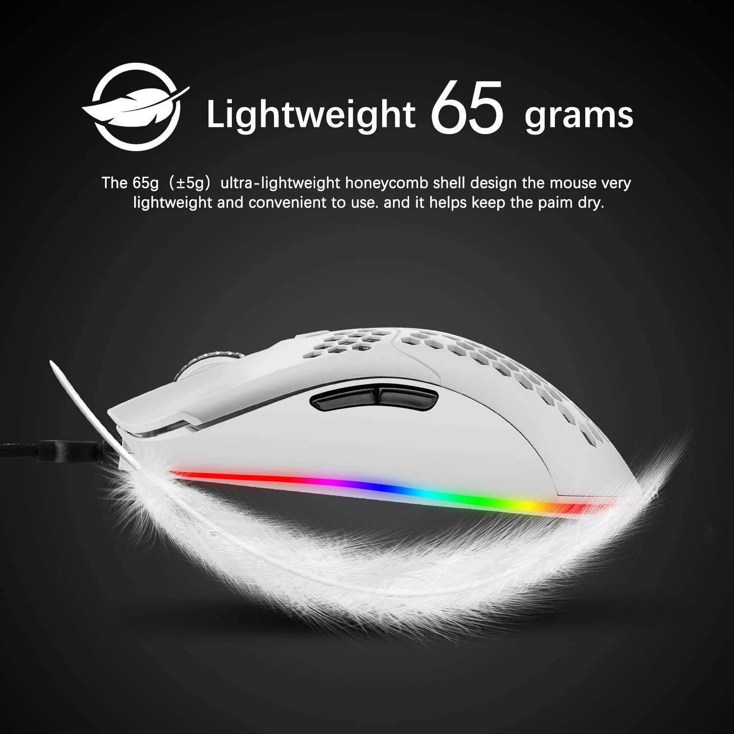 Lightweight Wired Gaming Mouse with 7 Button 26RGB Backlit Programmable Driver PAW3325 12000 DPI Optical Sensor Ultralight Ergonomic 65G Honeycomb Shell Ultraweave Cable for PC Xbox PS4 Gamer