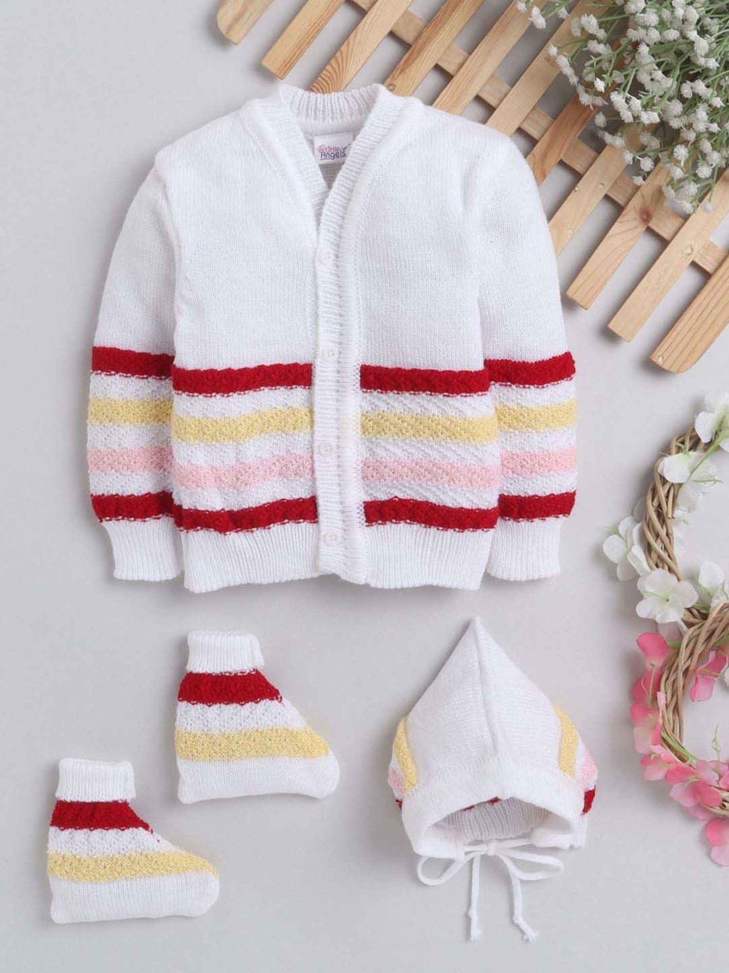 Little Angels Kids White & Red Striped Full Sleeves Sweater Set