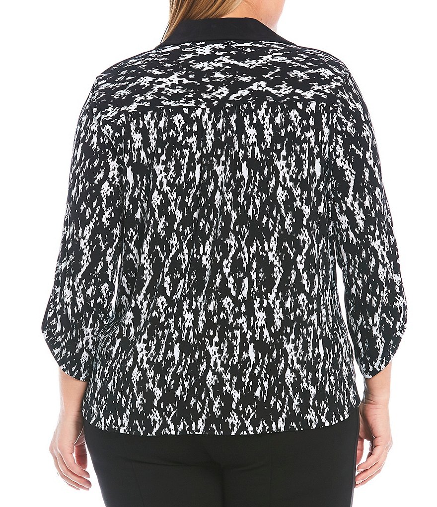 Slim Factor by Investments Plus Size Snakeskin Print Point Collar Neck 3/4 Sleeve Contrast Binding Trim Button Front Shirt