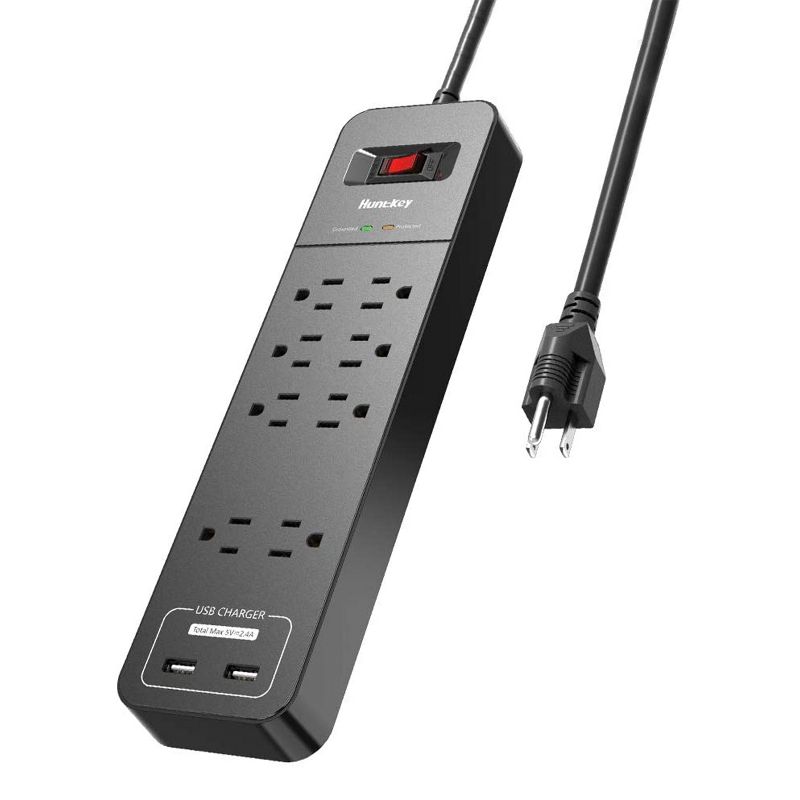 Huntkey 3 x SMC807 Power Strip with 8 Standard American Sockets, 2 5V/2.4A USB Ports, and 6 Foot Heavy Duty Cord, Black (3 Pack)