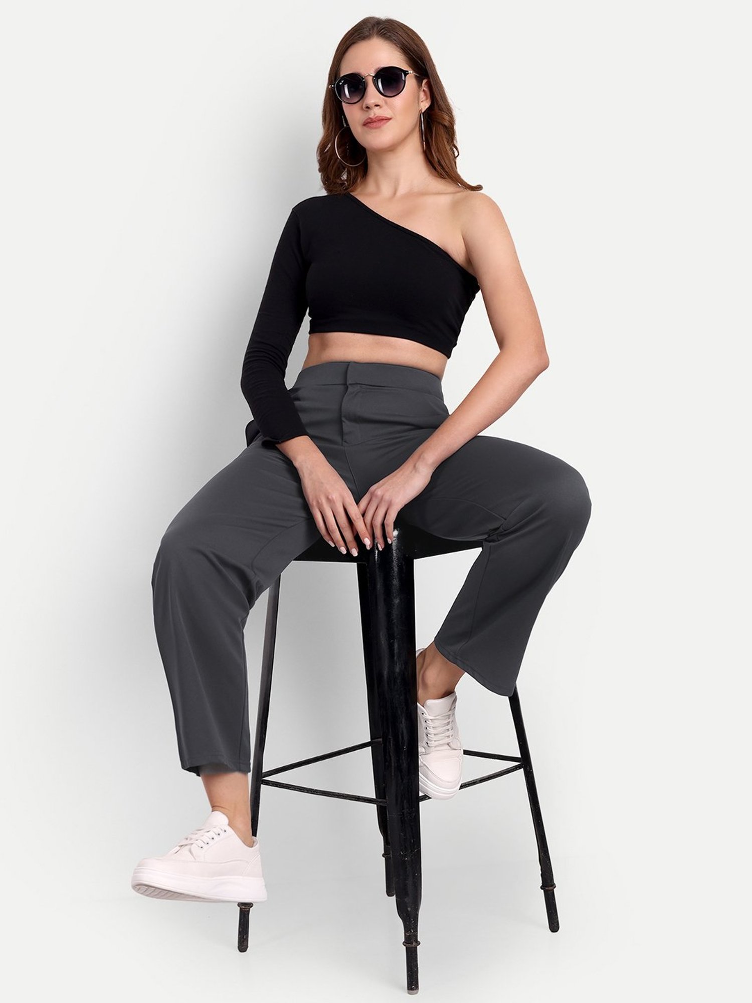 Broadstar Grey Straight Fit High Rise Trousers