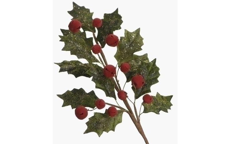 Roman 12" Red and Green Holly Leaves with Jingle Bell Christmas Picks