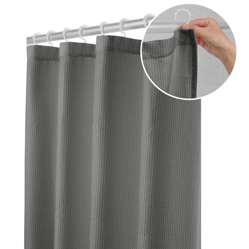 Smart Shower Curtains Waffle Fabric With Attached Hooks Rich Charcoal - Maytex