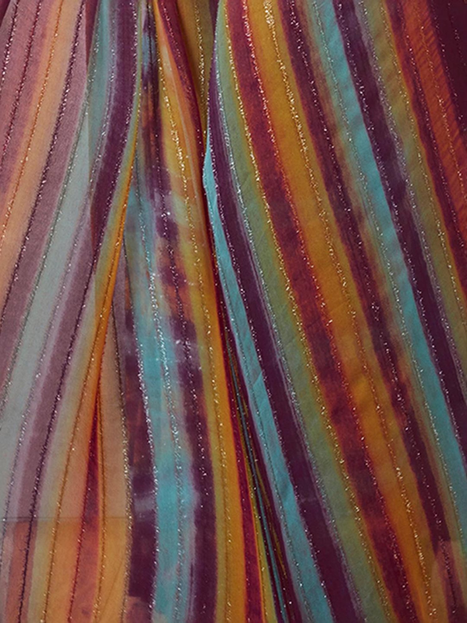 Satrani Brown & Blue Striped Saree With Unstitched Blouse