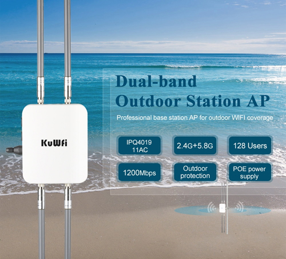 KuWFi Wireless Outdoor Access Point AP Router 1200Mbps Gigabit 802.11AC Dual Band WiFi with 4*8 dBi Antenna WiFi Cover Base Station High Power WiFi Coverage Support 48V PoE Power