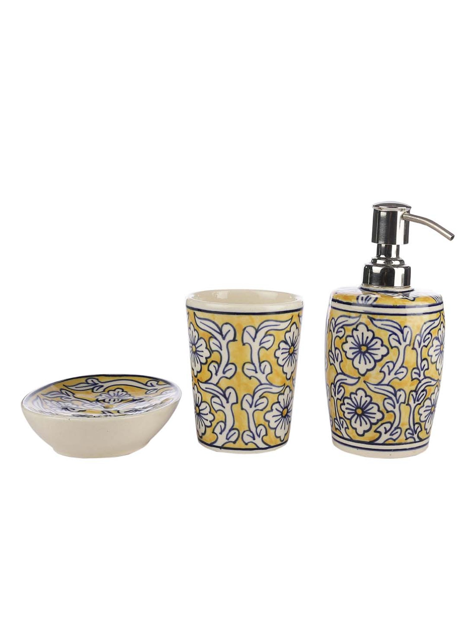 VarEesha Manohar Yellow & White Ceramic Bath Accessories - Set of 3