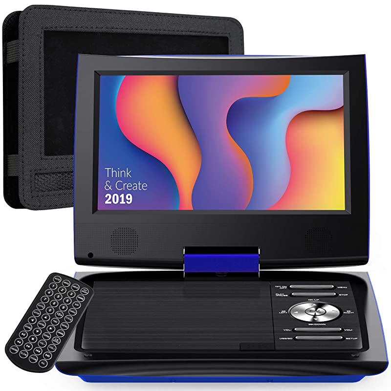 11 Portable DVD Player for Car with 95 Inch HD Swivel Screen 5 Hours Rechargeable Battery Dual Earphone Jack Supports SD CardUSBCDDVD with Extra Headrest Mount Case Blue