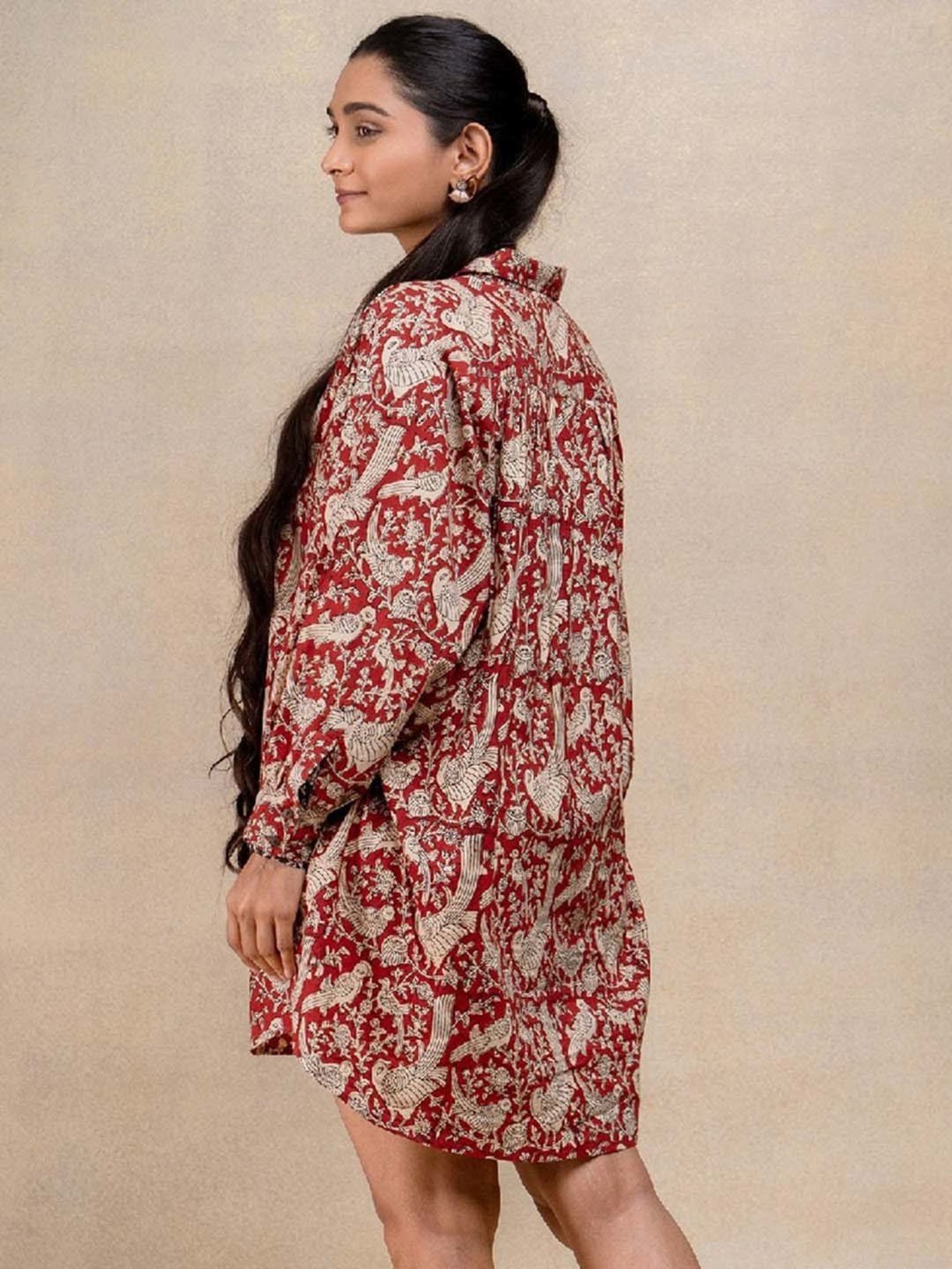 Okhai Red Floral Print Pure Cotton Ethnic Dress With Belt