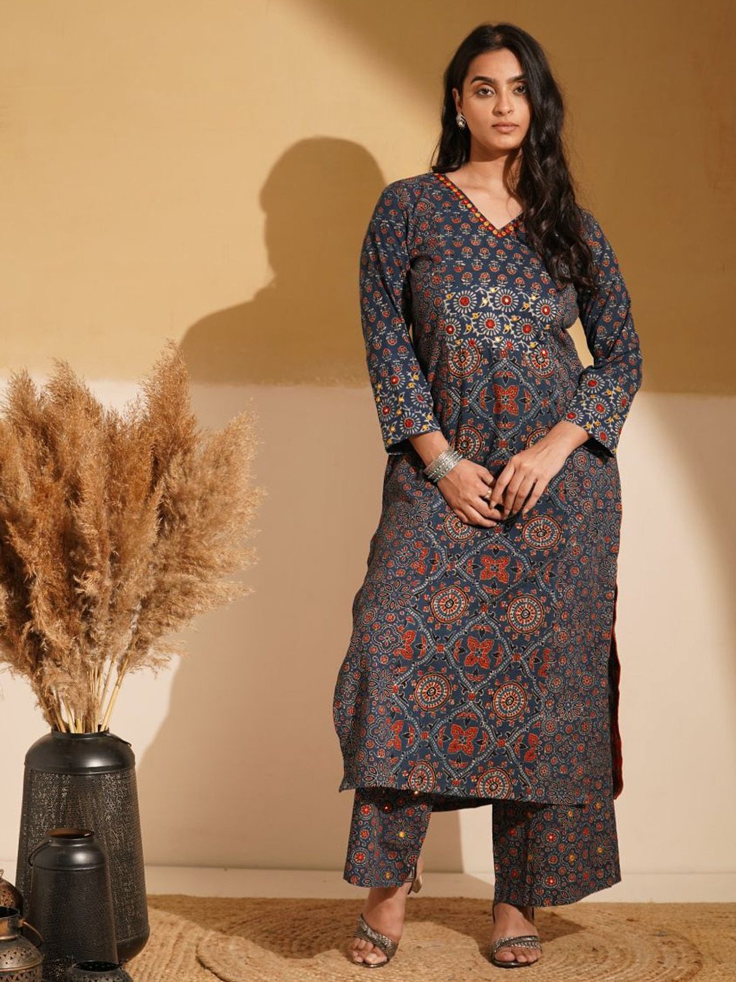 Love Chic Indigo Blue Cotton Ajrakh Straight Kurta