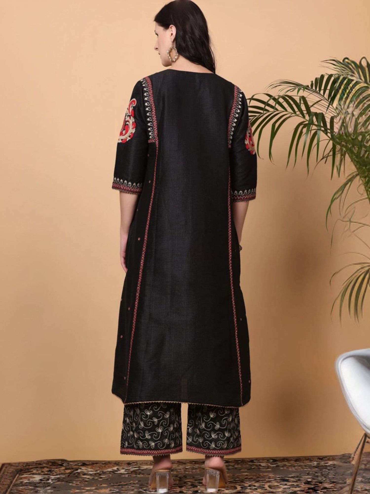 Kaanchie Nanggia Black Embroidered Kurta and Pallazo With Gold Dupatta