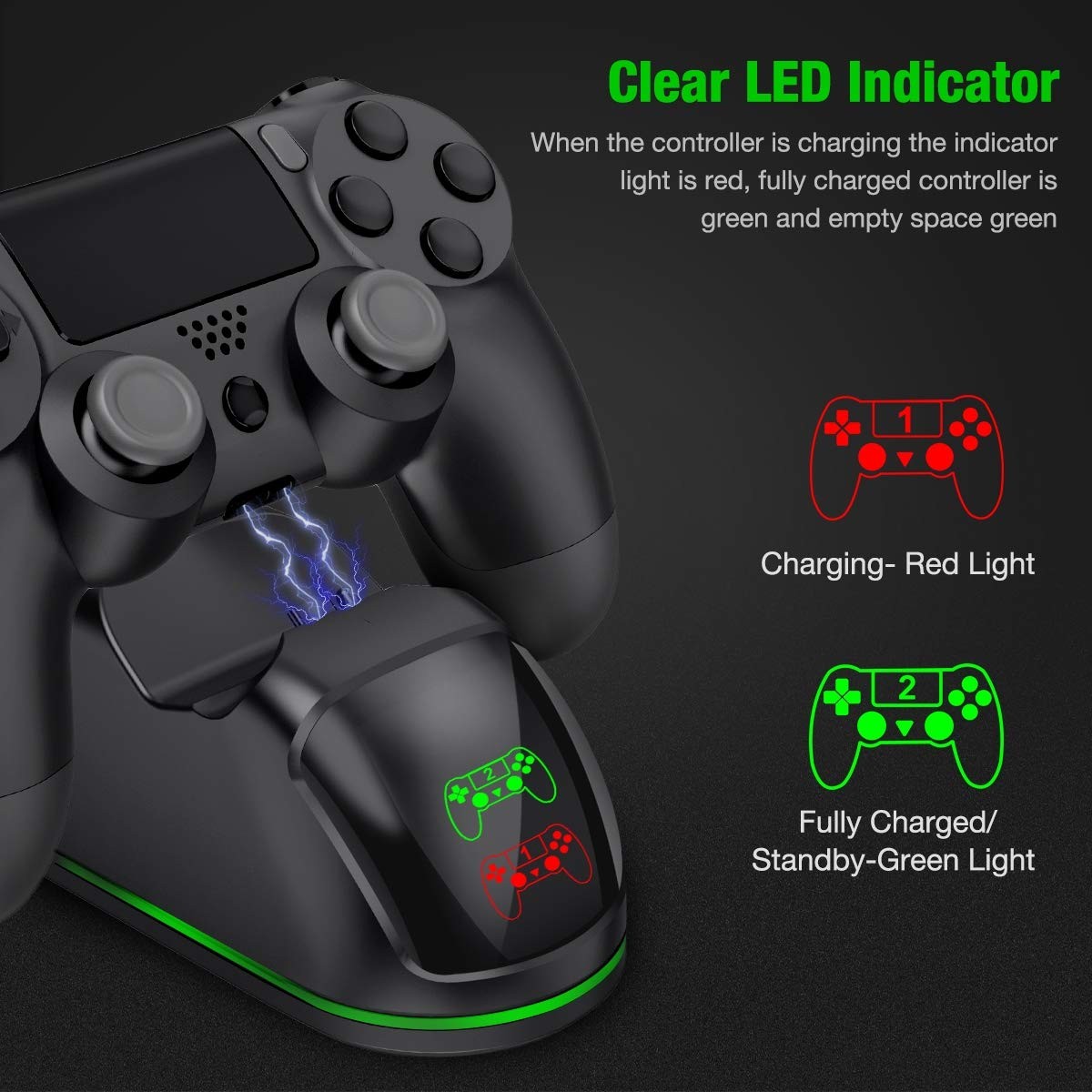 Nurbenn PS4 Controller Charger PlayStation4 Controller Charger Station for Sony PS4/ PS4 Pro/ PS4 Slim Controller with Solid Light Strap