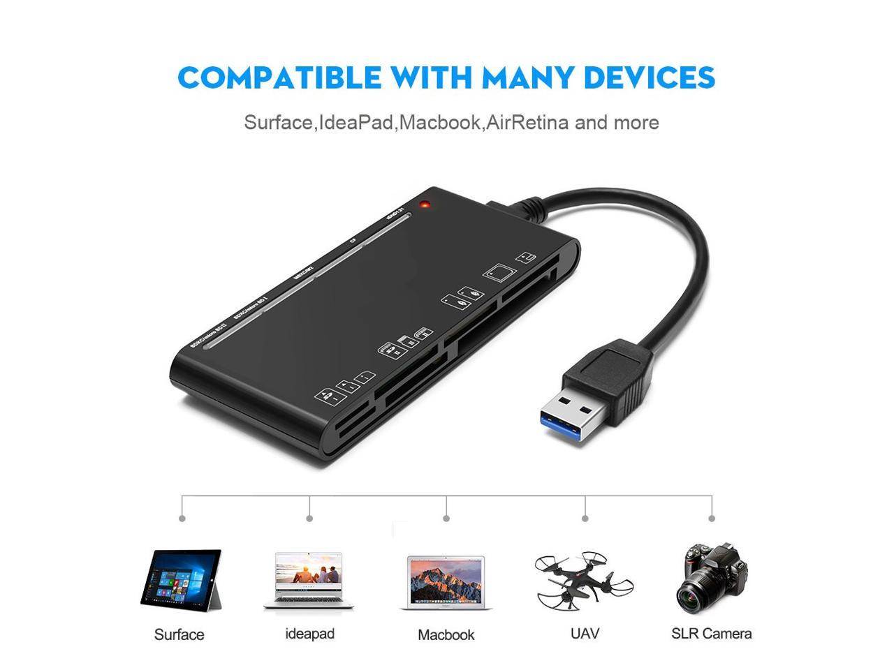 USB 3.0 Memory Card Reader/Writer for CF Card, xD Card, SD Card, Micro SD Card, MS Card, with a 13cm USB Cable design - 5 cards read simultaneously