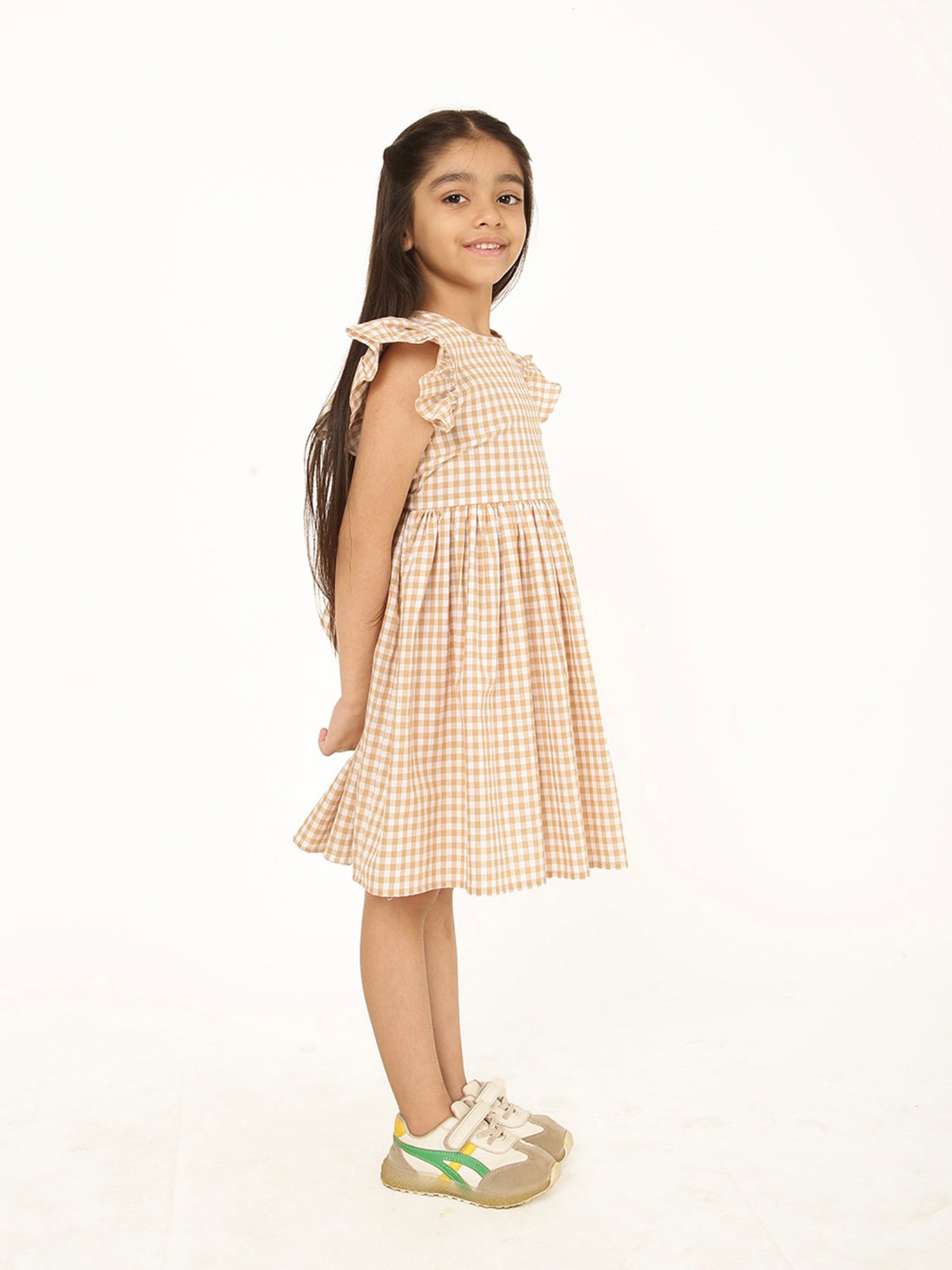 A Little Fable Girls Beige Checks Dress