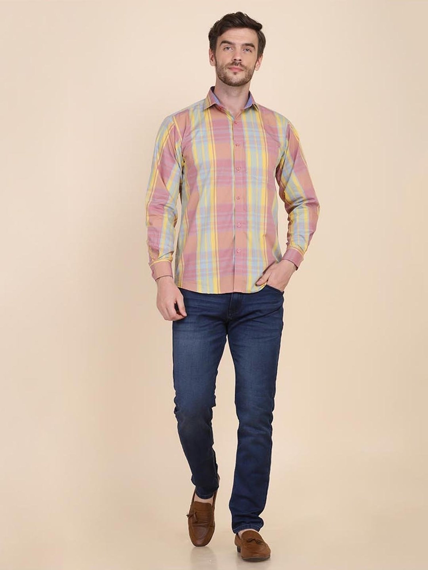 TAHVO Pink & Yellow Cotton Slim Fit Checks Shirt