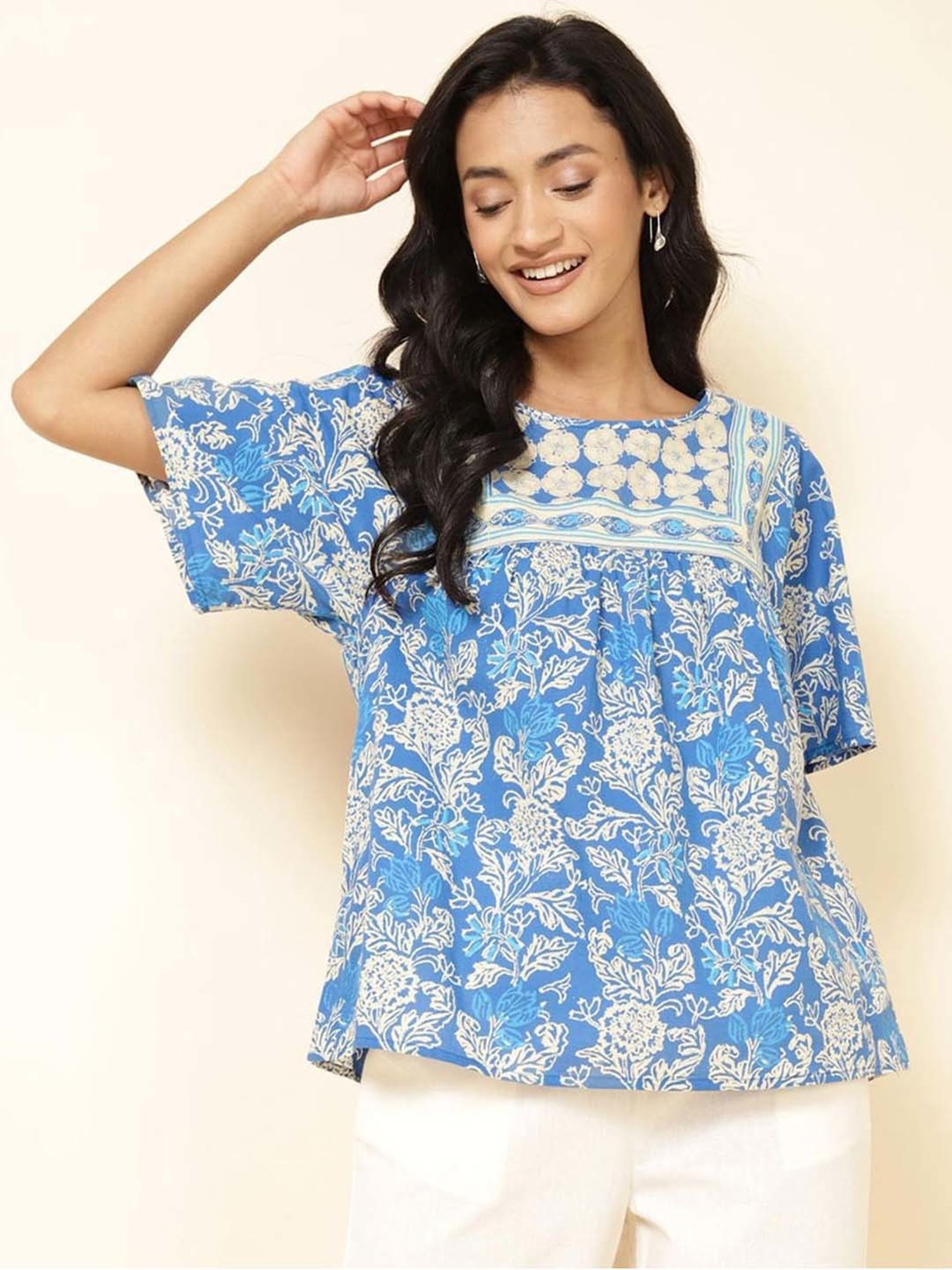 Fabindia Blue Cotton Printed Top