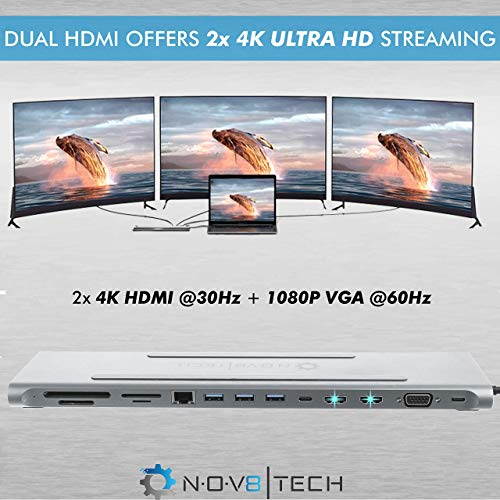 USB C Docking Station NOV8Tech 14-in-1 Hub for MacBook Pro Air M1 & USB C XPS Laptops, Dual 2x 4K HDMI & VGA, Gigabit Ethernet, 100W Power USB-C Charging, 2x USB 3.0, MS CF SD Micro SD Card, Audio/Mic