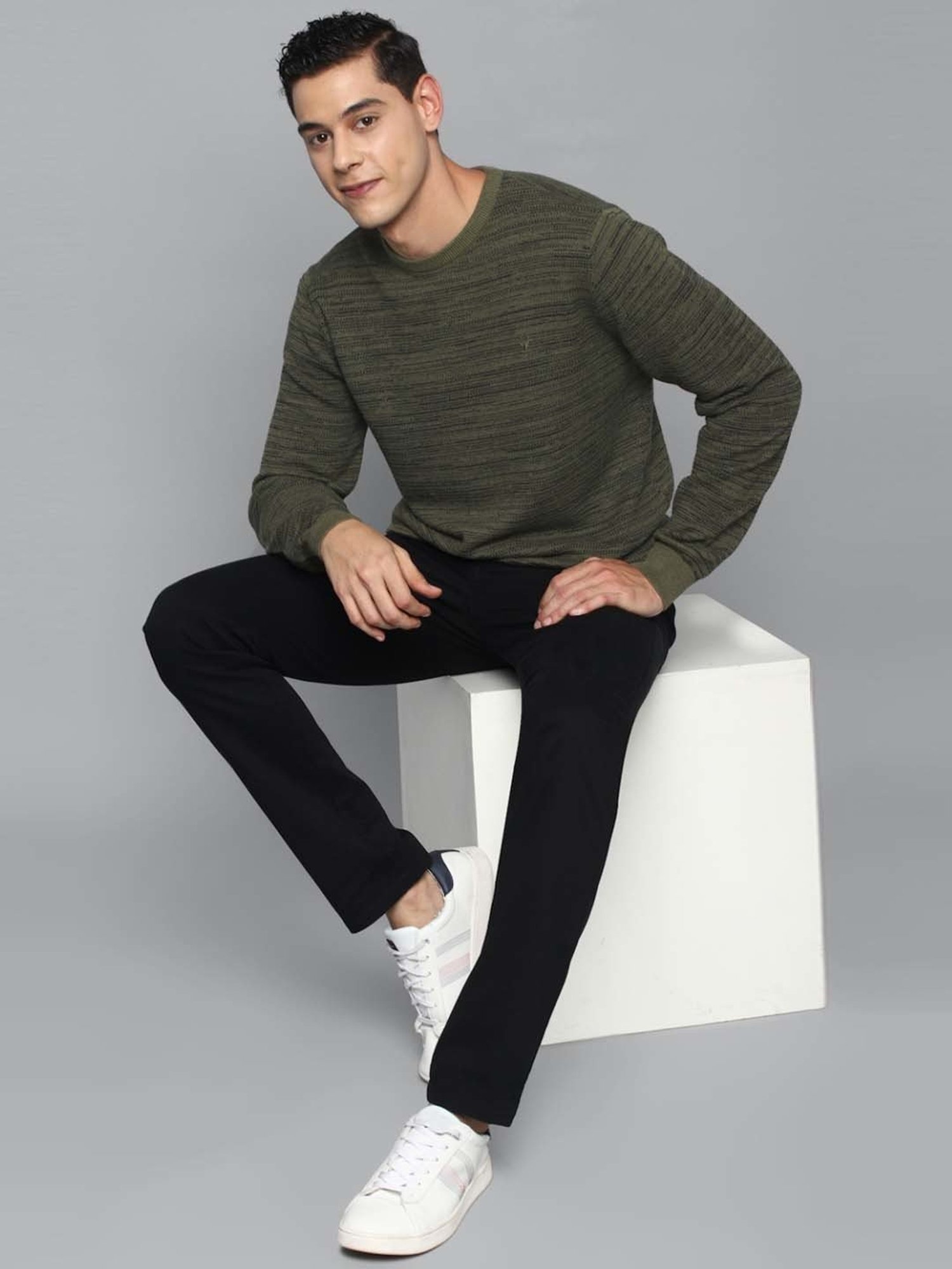 Allen Solly Green Cotton Regular Fit Striped Sweater