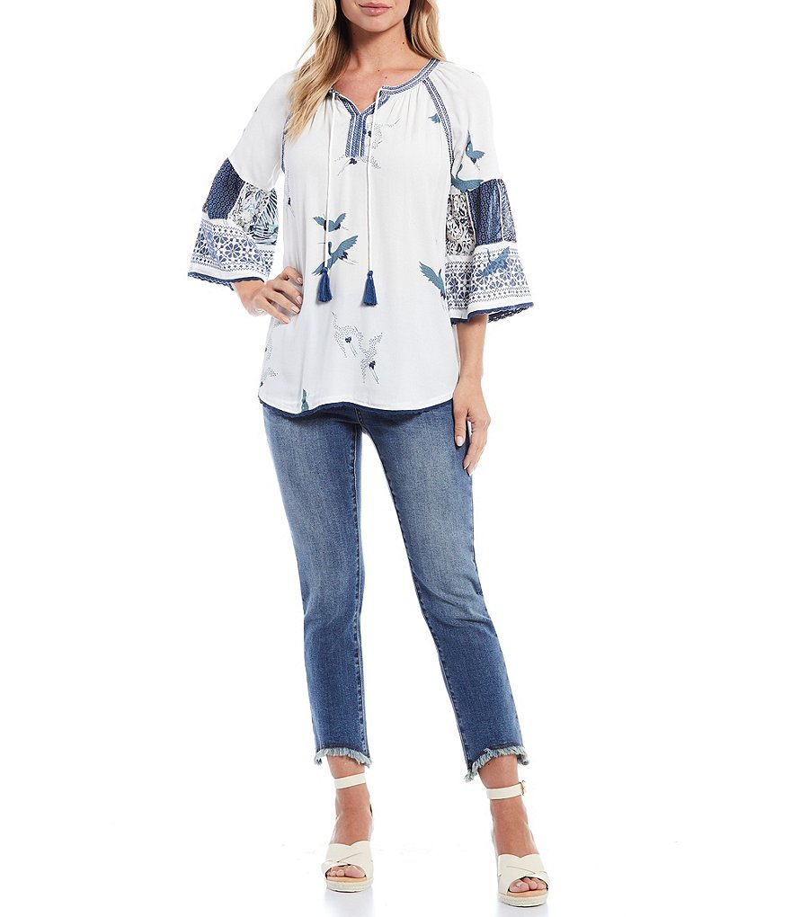 John Mark Bird Print Tassel Tie Embroidered Sleeve Tunic