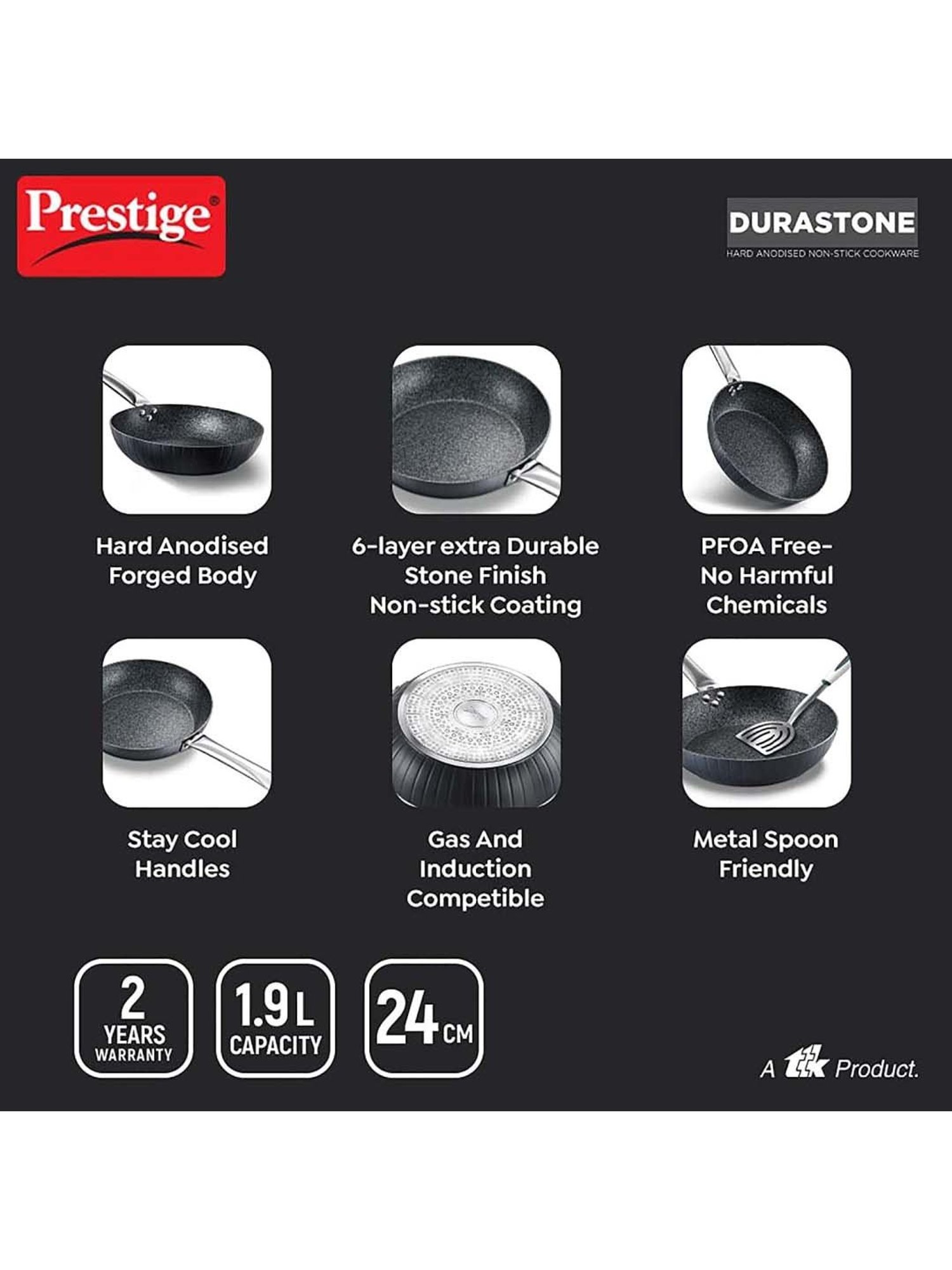 Prestige Black Hard Anodised 24 cm Non-Stick 6-Layer Fry Pan (1.9 L)