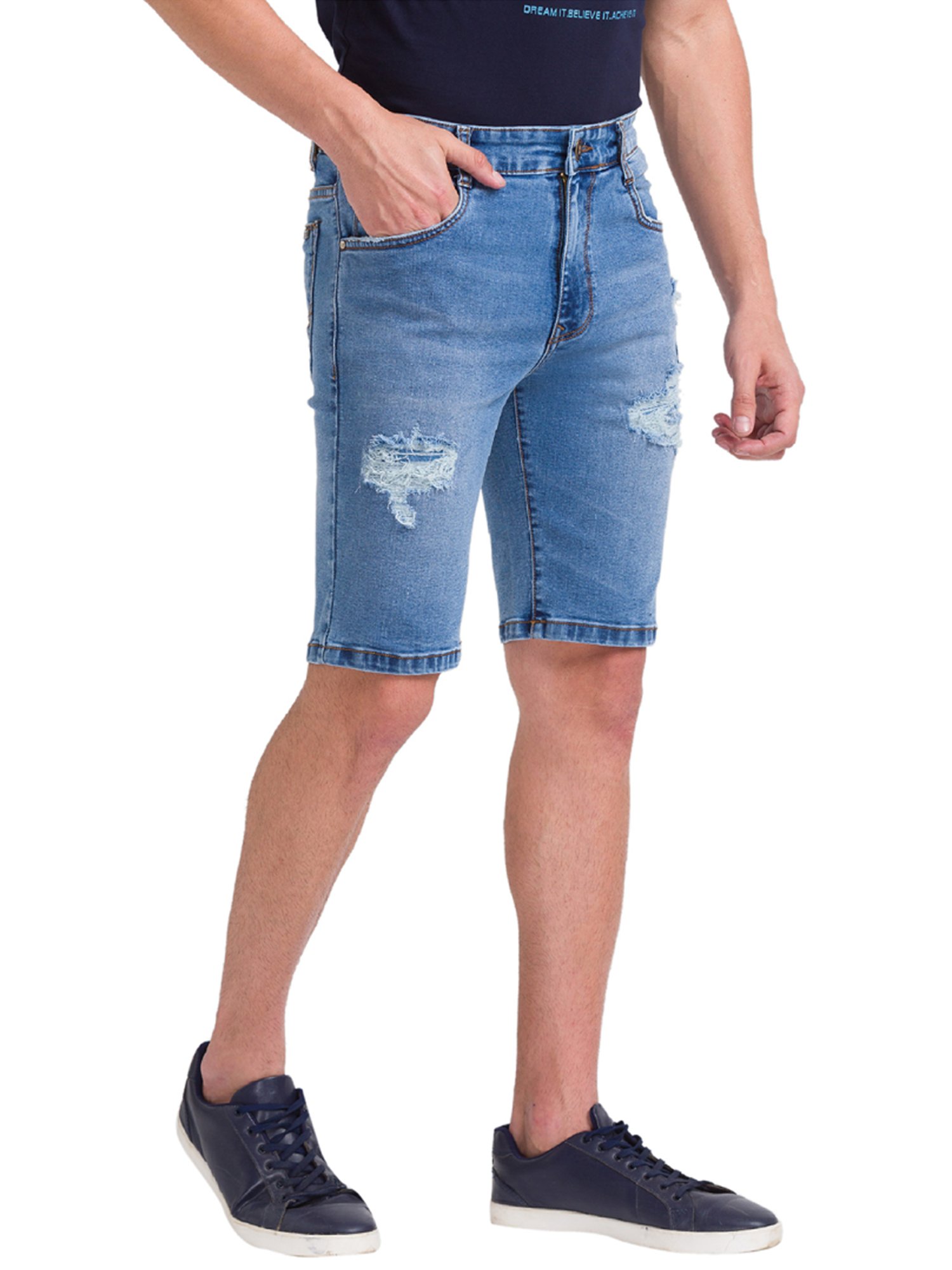 Parx Blue Regular Fit Distressed Denim Shorts