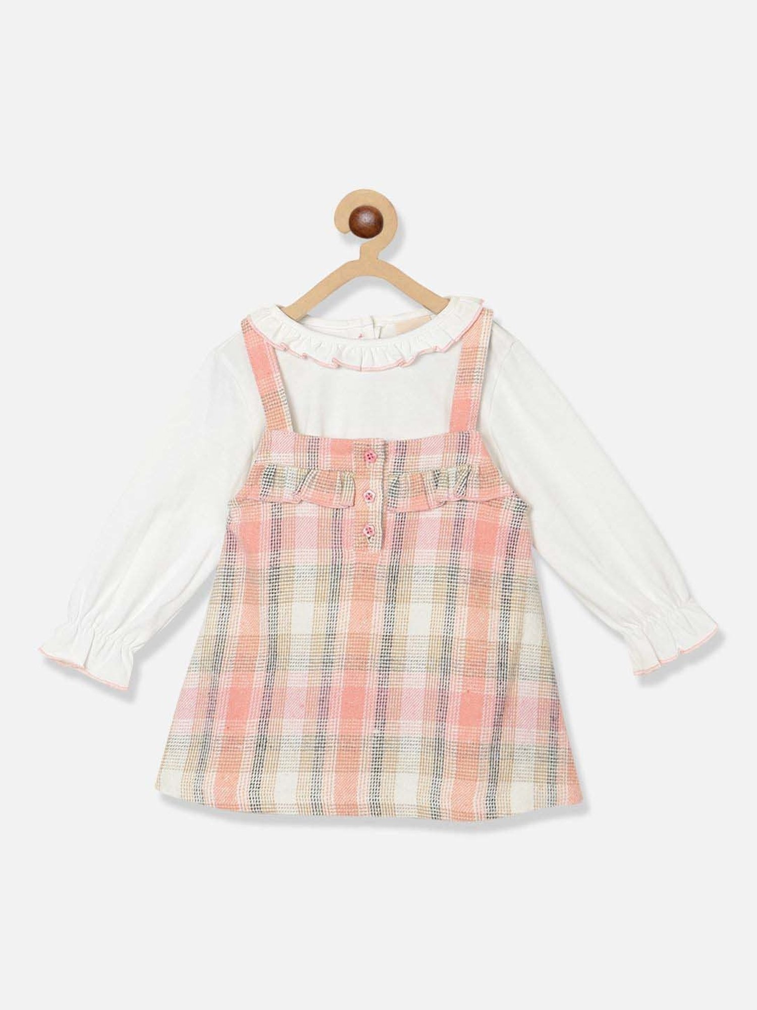 Nauti Nati Kids Pink & White Cotton Chequered Full Sleeves Dress Set